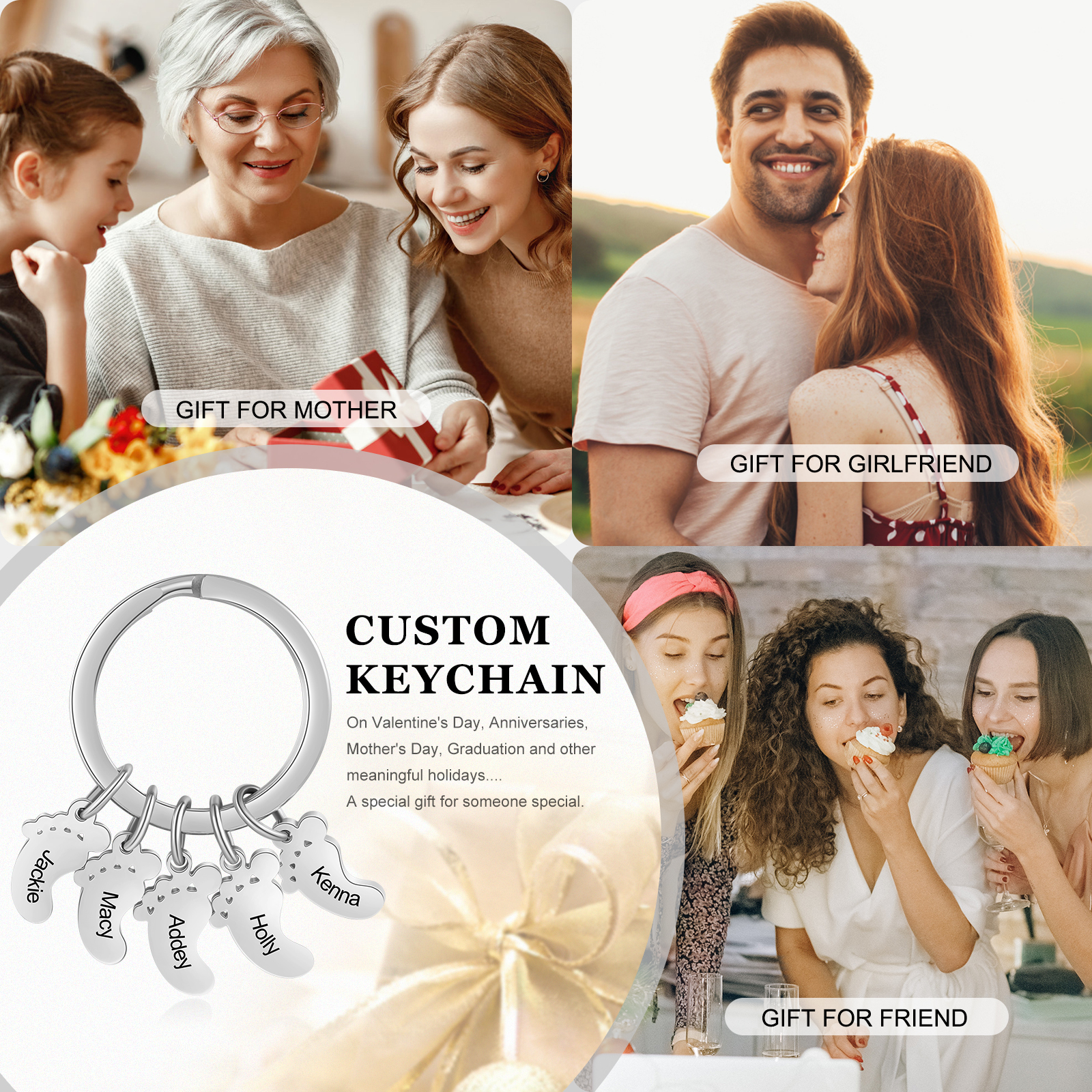 Baby Feet Keychain Personalized 5 Names Keychain Family Gifts
