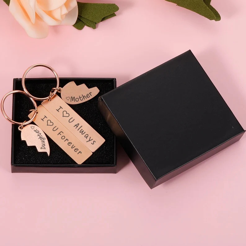 Mother and Daughter Keychain Personalized Two Soul One Heart Stainless Steel Keyring