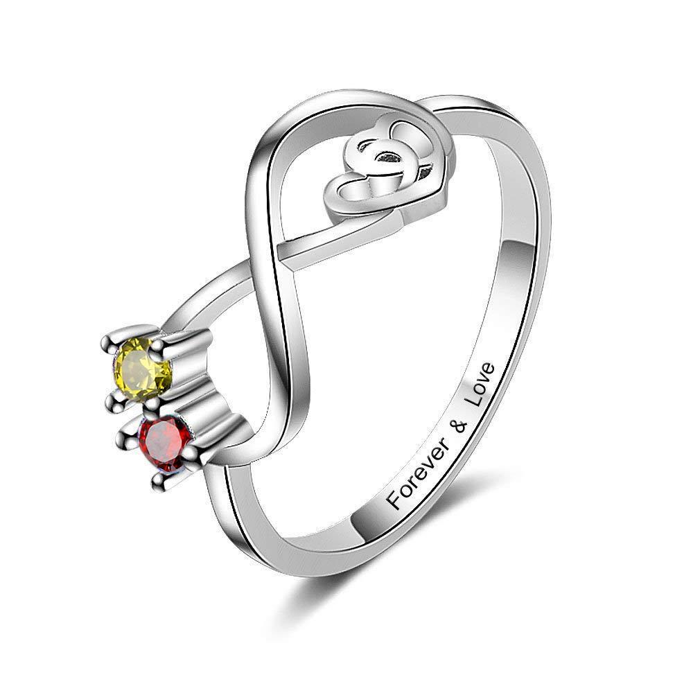 S925 Infinity Ring Double Heart Promise Ring Personalized with 2 Birthstones Engraved Sterling Silver Ring