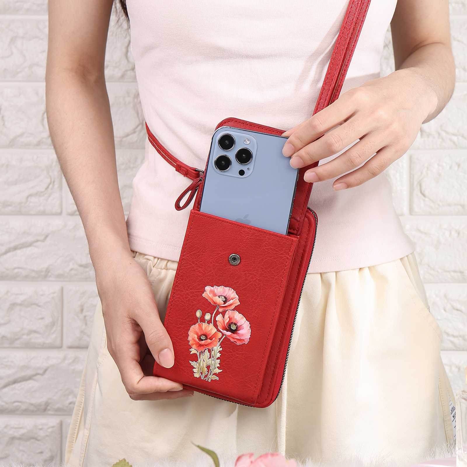 Personalized Women's Leather Wallet Custom Birthday Flower & Name Mobile Phone Wallet Zipper Crossbody Bag