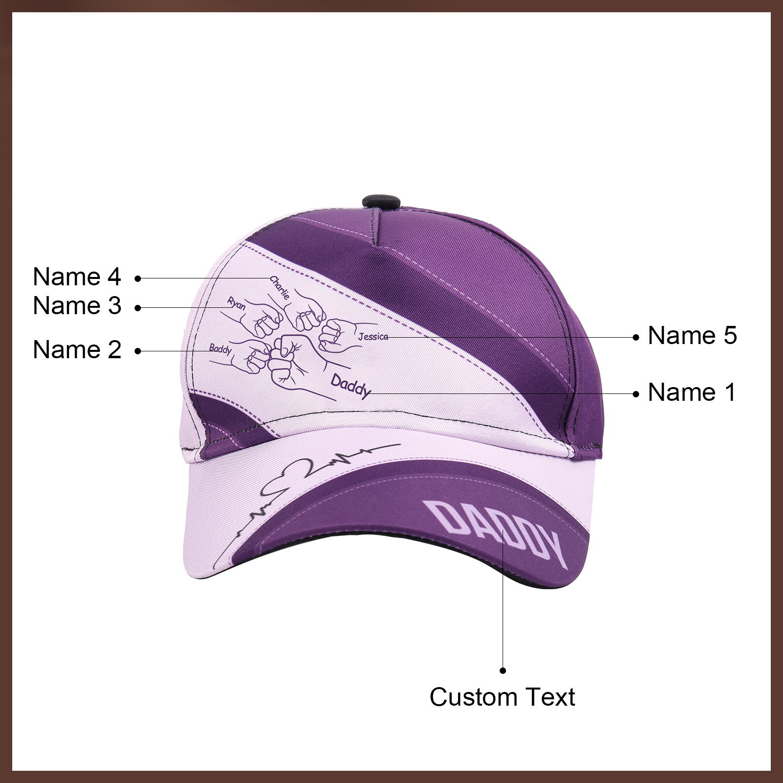 Personalized Fist Bump Classical Baseball Cap Custom 5 Names & 1 Text Snapback Adjustable Gift for Dad/Grandpa/Husband