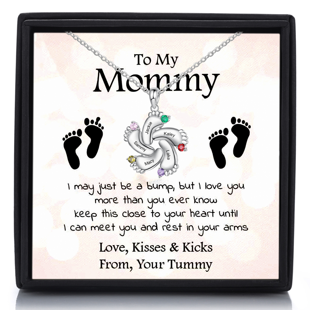 Baby Feet Necklace with 5 Birthstones Engraved 5 Names Family Necklace