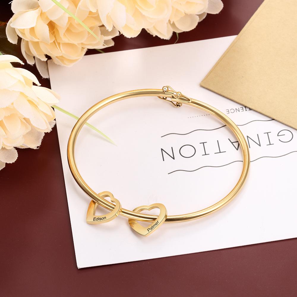 Personalized 2 Names Bracelet Heart Charms Bracelet Love Bangle Gifts for Her