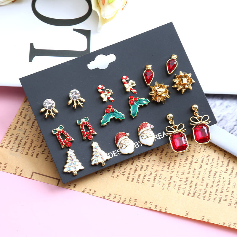 Christmas Holiday Themed 12-Pair Stud Earring Set Festive Accessories for Women & Girls