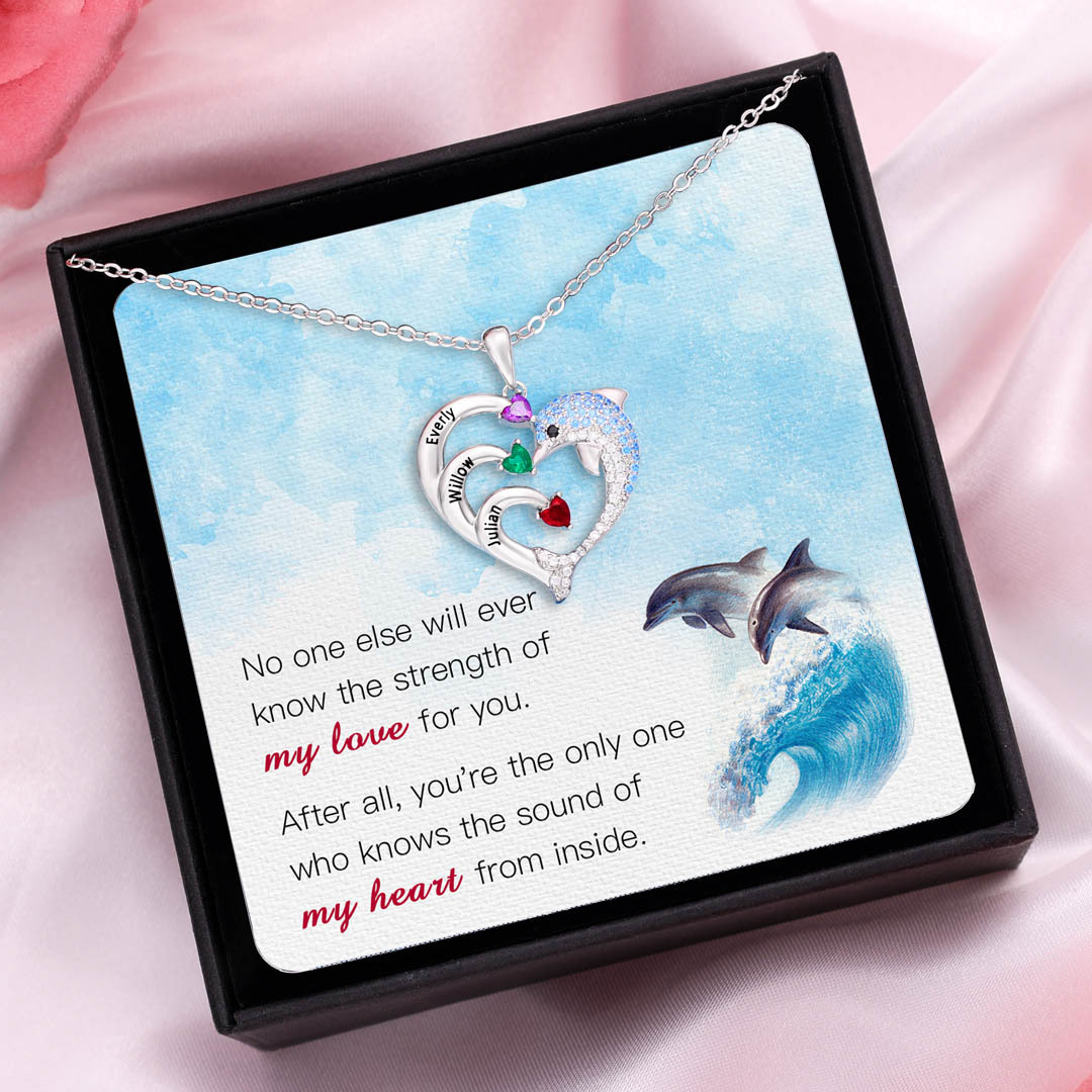 Personalized Heart Dolphin Necklace Custom 2 Birthstones Necklace for Her