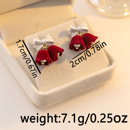 Christmas Bow Bell Drop Earrings Festive Velvet Red Charm