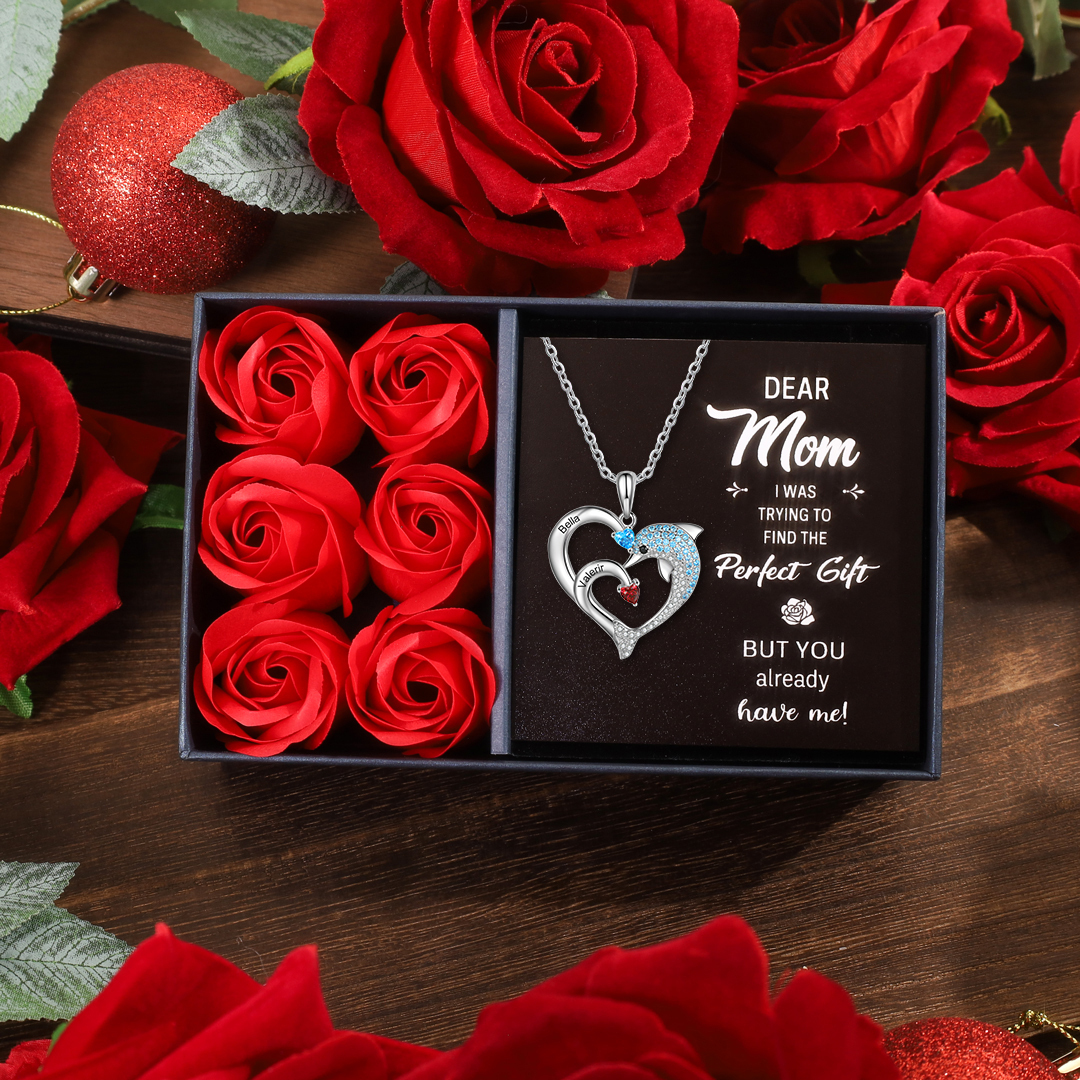 Personalized Heart Dolphin Necklace Custom 2 Birthstones Necklace for Her