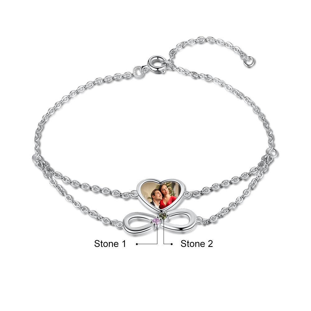 Heart Photo Bracelet Infinity Bracelet with 2 Birthstones Personalized Gift