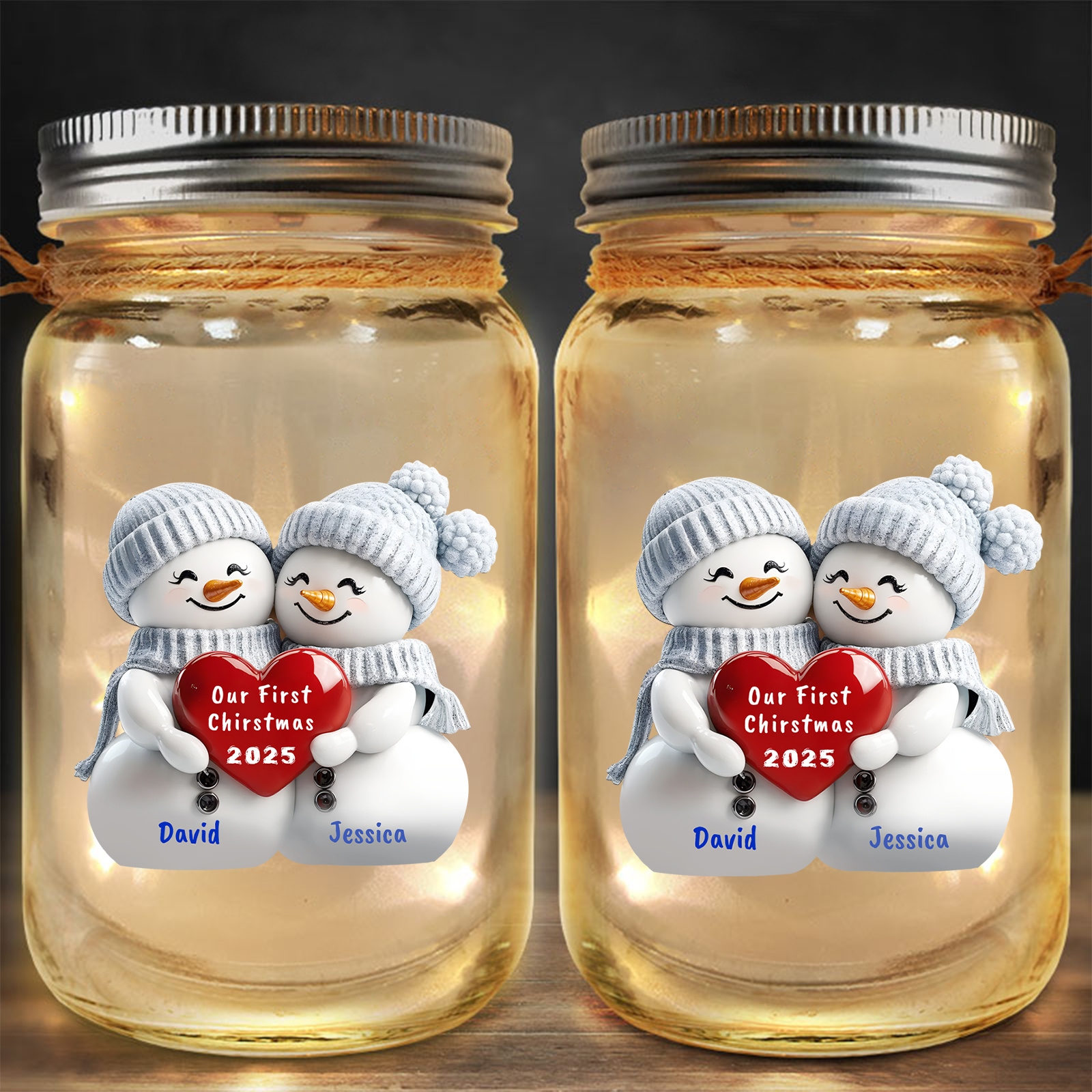 Personalized Snowman Couple Solar Mason Jar Light