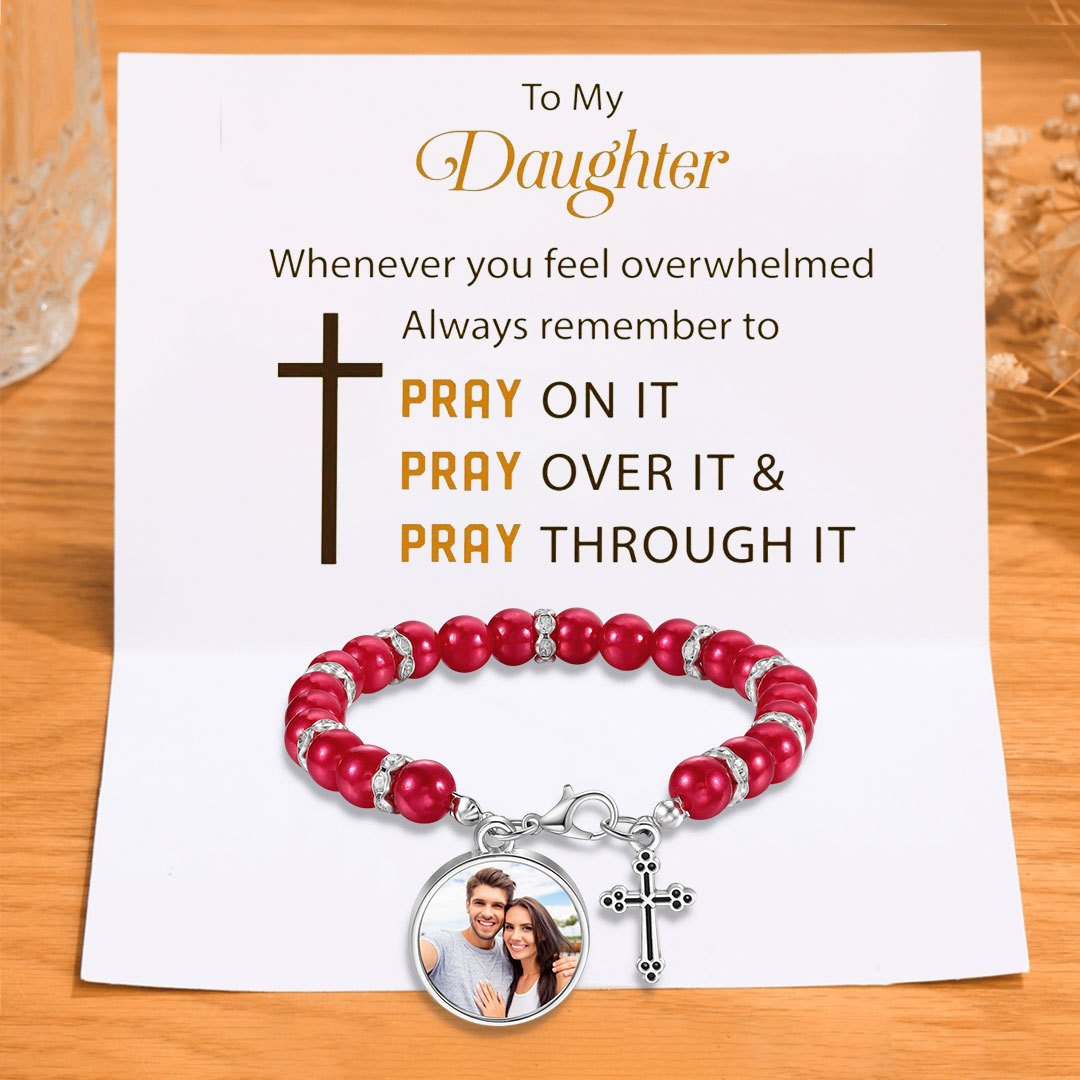 To My Daughter Personalized Rosary Memorial Bracelet Custom with Photo and Cross Pendant