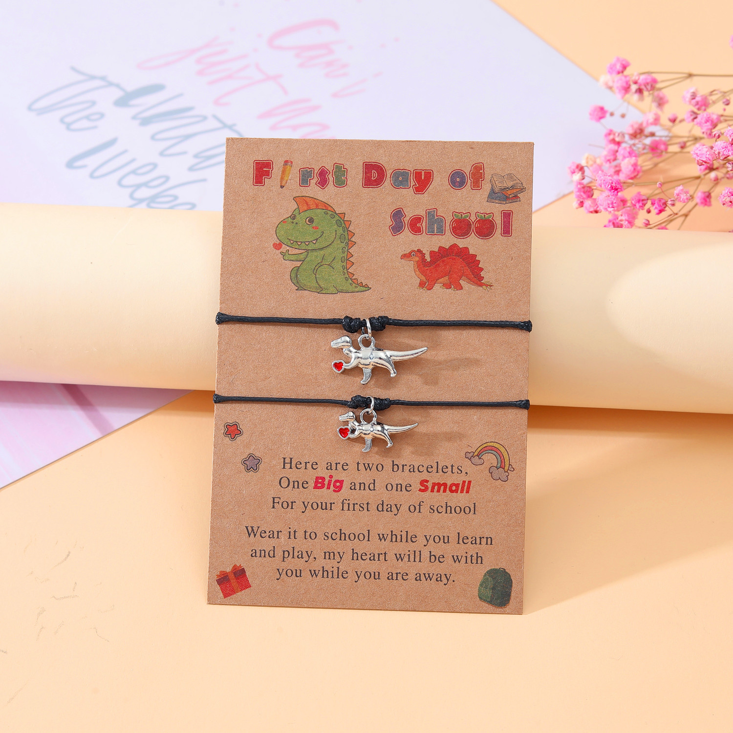 2 Pcs Dinosaur Bracelet Set First Day of School Gift with Cartoon Gift Cards for Mom Kids