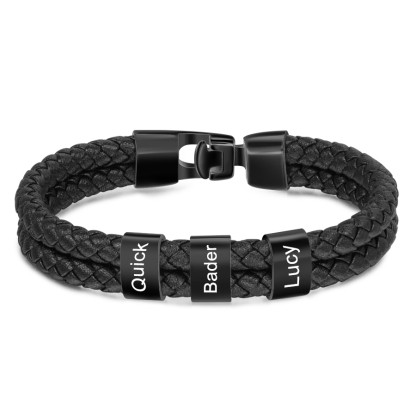 3 Names -Personalized Braided Leather Bracelet Engraved Men's Bracelet for Him