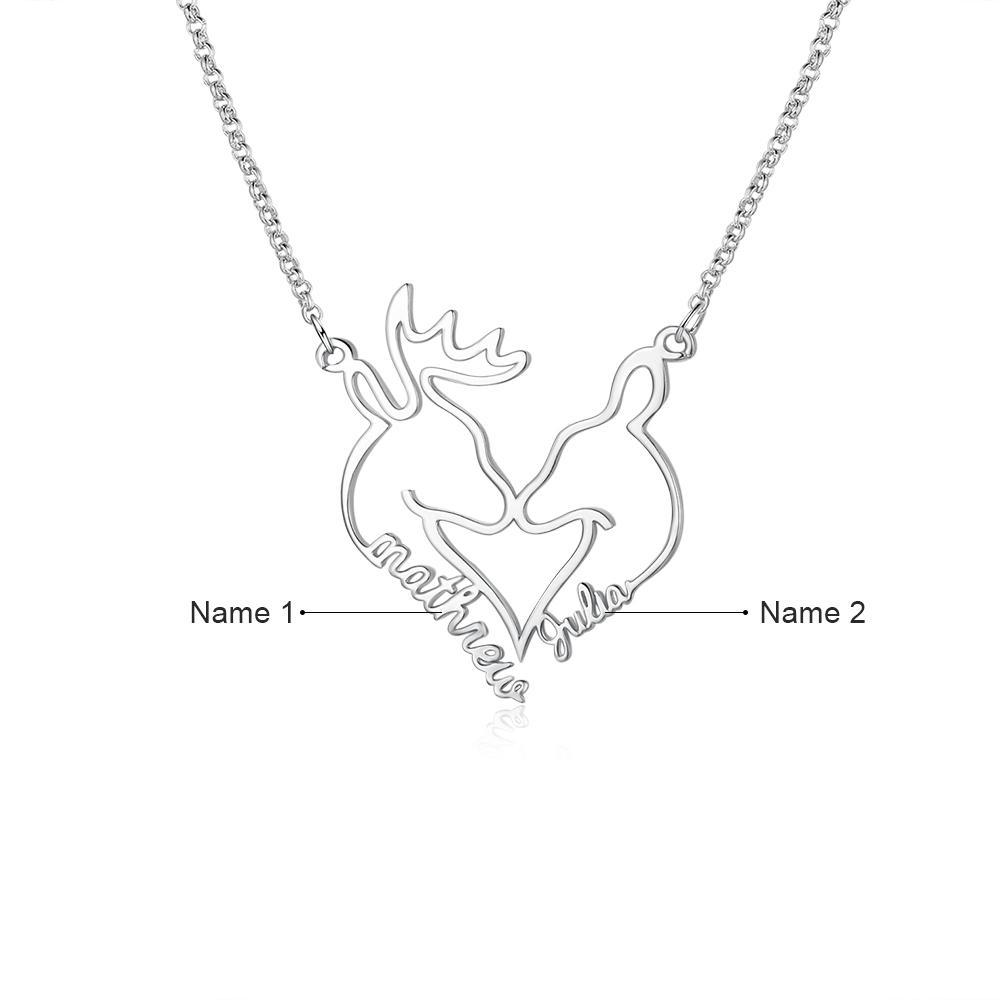 Heart Shape Christmas Deer Name Necklace Personalized 2 Names