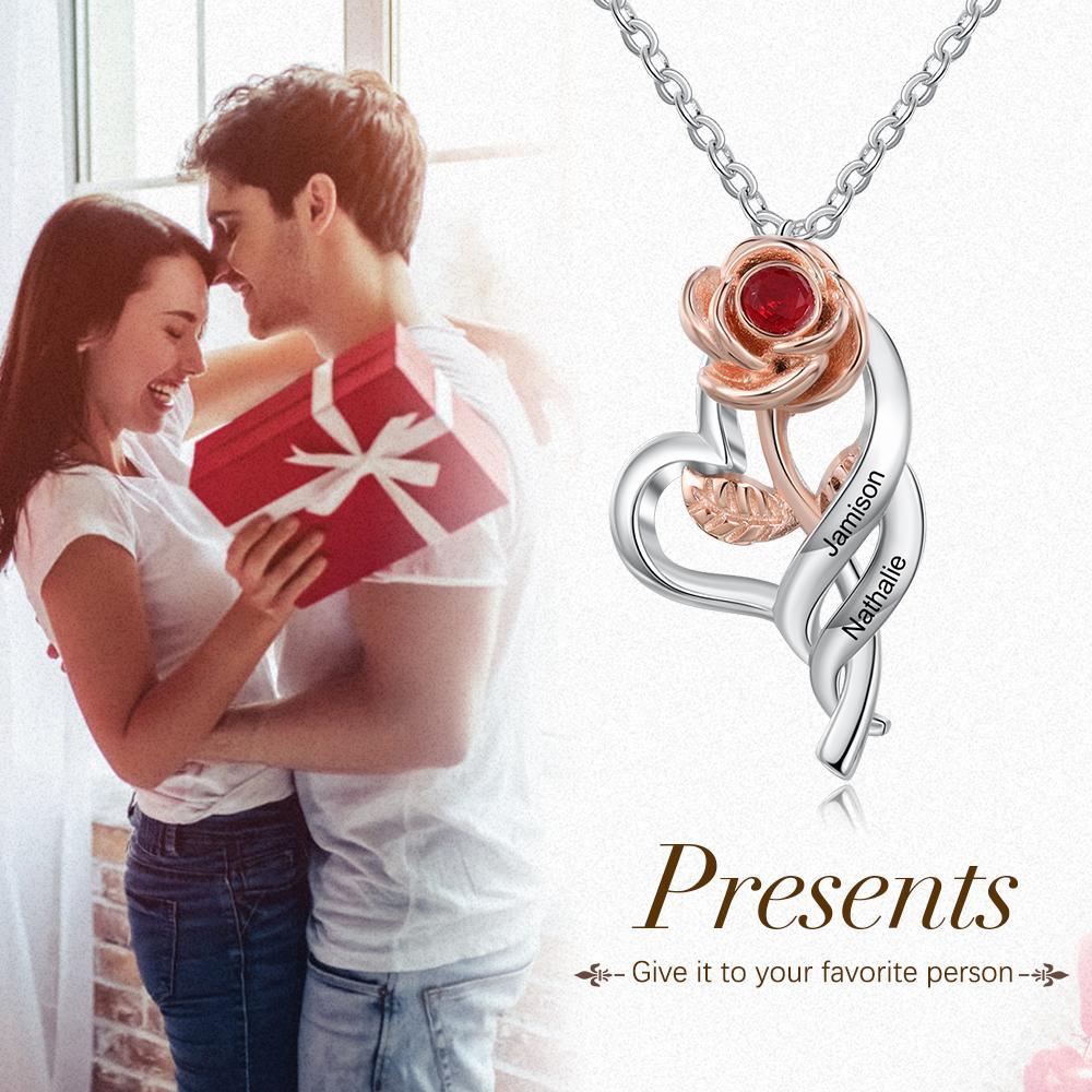 Rose Heart with Birthstone Engraved 2 Names Personalized Necklace
