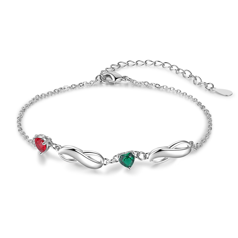 Infinity Bracelet with 2 Heart Shape Birthstones Family Bracelet for Mom