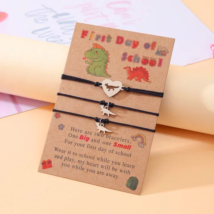 3 Pcs Back To School Heart Dinosaur Bracelet Set Adjustable Bracelets Gift With Gift Card Set For Kids