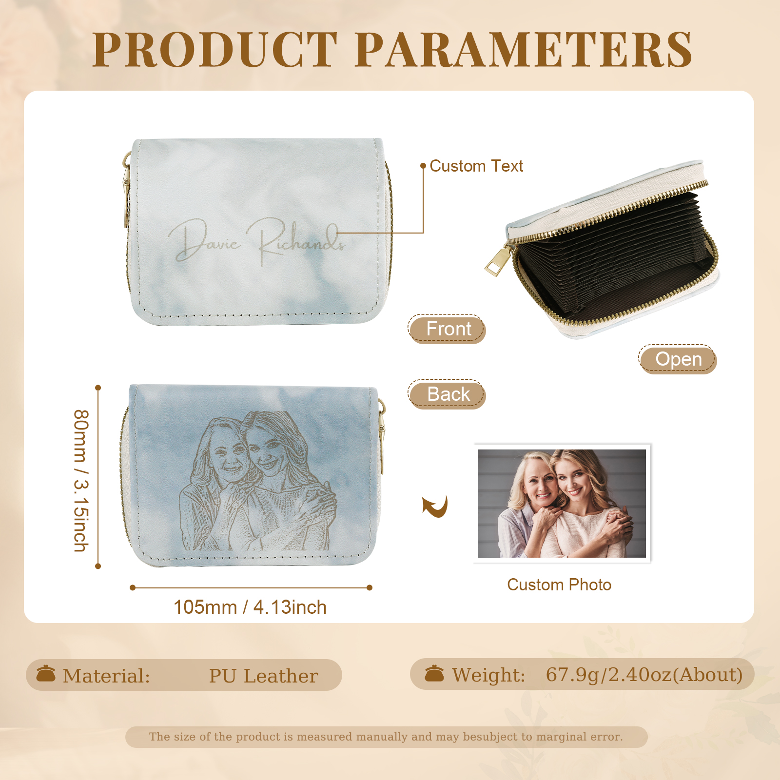 Personalized Women's Leather Wallet Custom Photo & Text Zipper Wallet Accordion Wallet Gift for Her