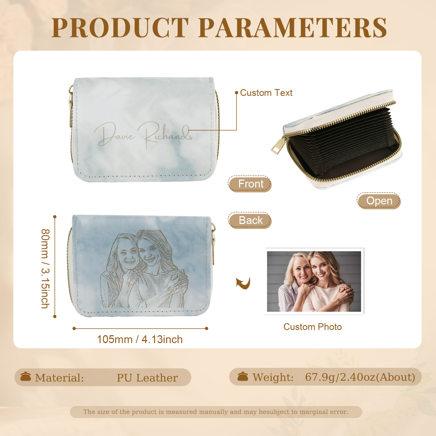 Personalized Women's Leather Wallet Custom Photo & Text Zipper Wallet Accordion Wallet Gift for Her