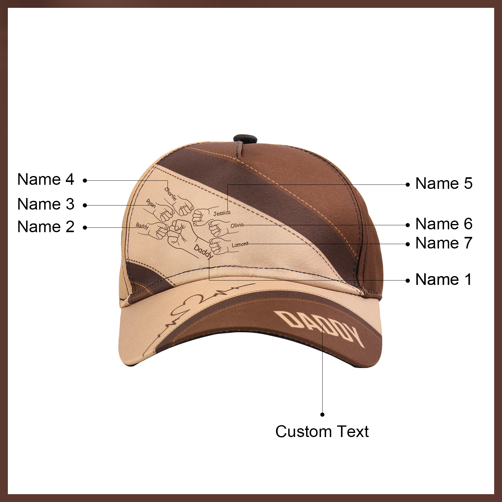 Personalized Fist Bump Classical Baseball Cap Custom 7 Names & 1 Text Snapback Adjustable Gift for Dad/Grandpa/Husband