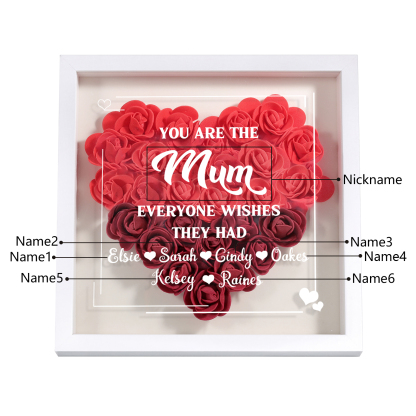 Personalized 1 Nickname & 6 Names Heart-Shaped Rose Shadow Box Frame – Custom Gift for Mom, Grandma & Loved Ones| Jessemade