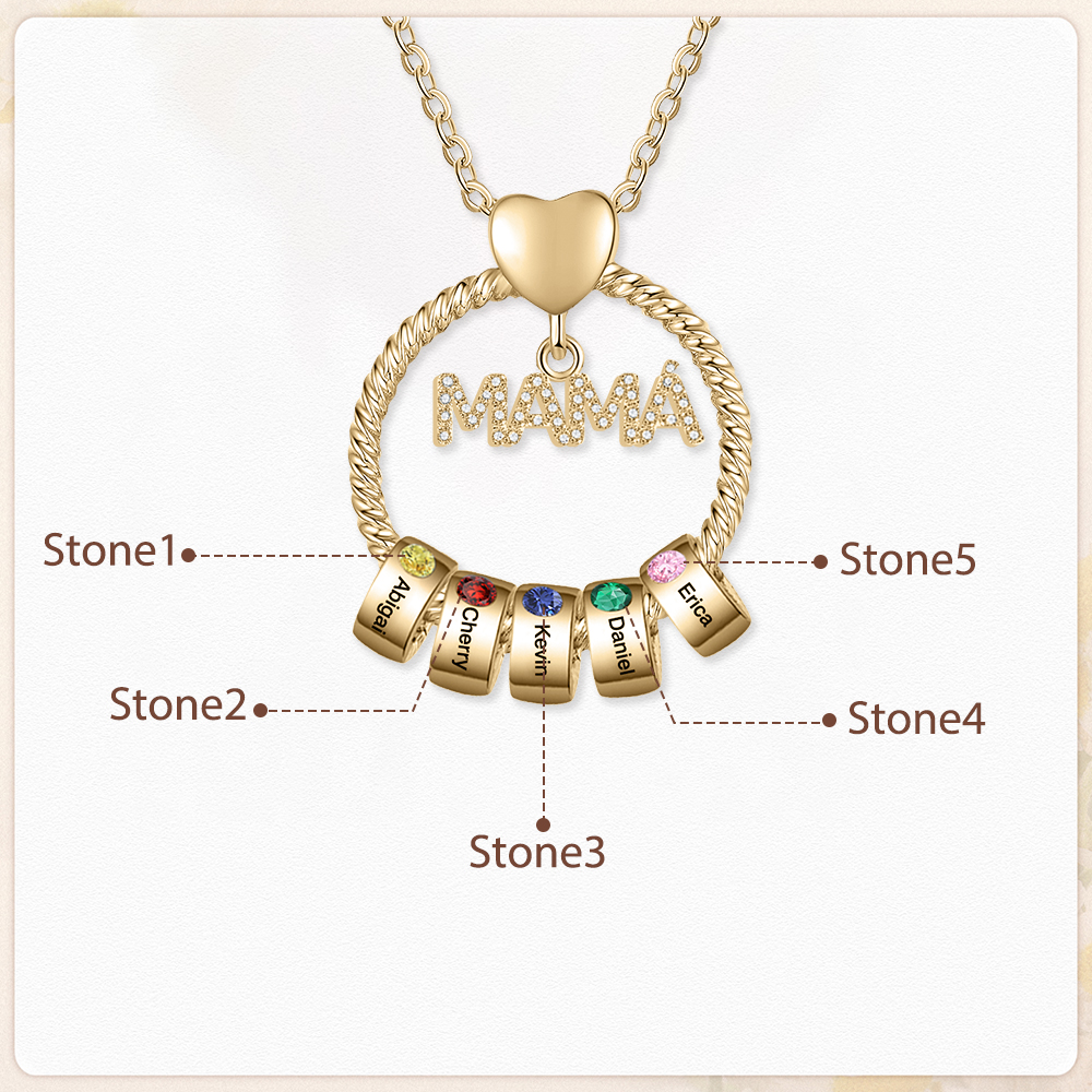 Collar con colgante de "MAMÁ" con 5 nombres Y 5 piedras de nacimiento personalizados | Jessemade