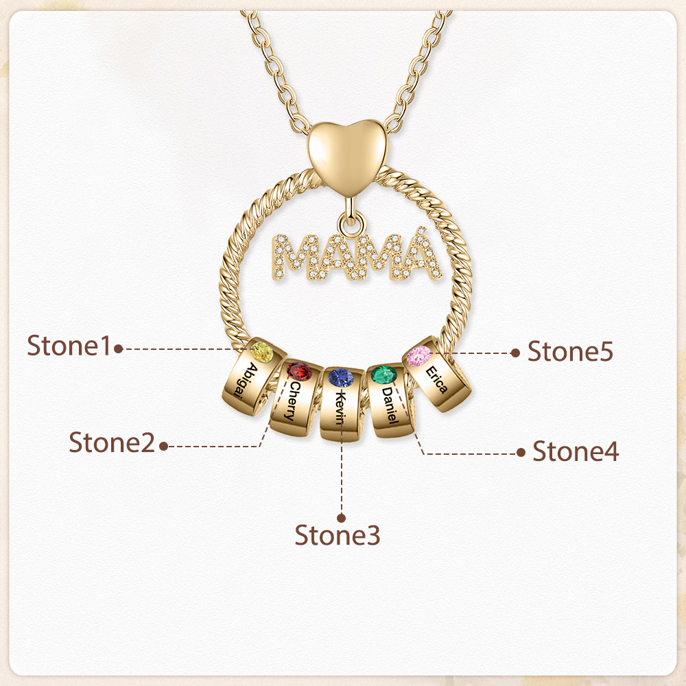 Collar con colgante de "MAMÁ" con 5 nombres Y 5 piedras de nacimiento personalizados | Jessemade