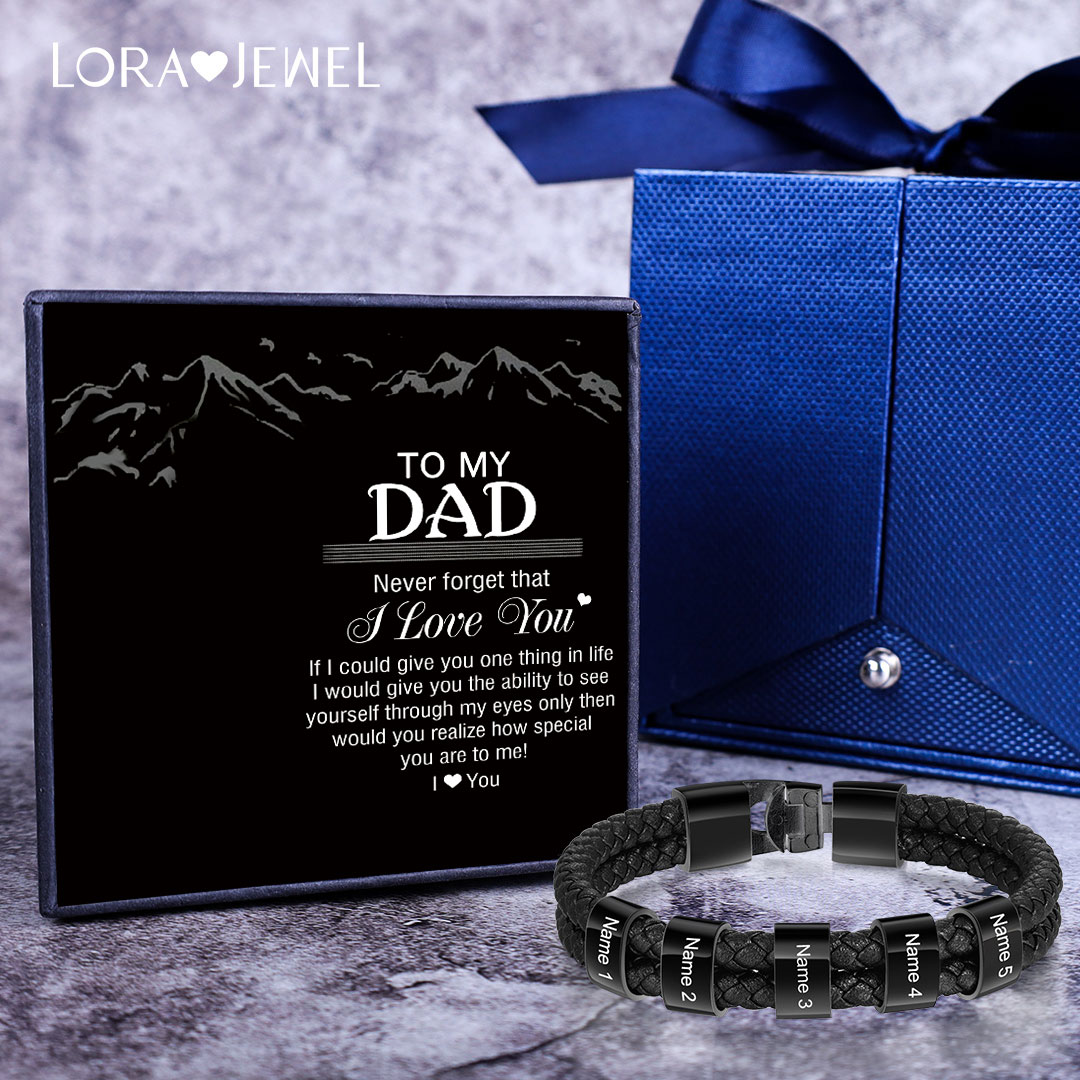 Men Leather Braided Bracelet with Beads Engraved 5 Names Father Gifts