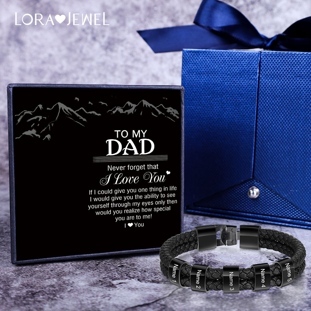 Men Leather Braided Bracelet with Beads Engraved 5 Names Father Gifts