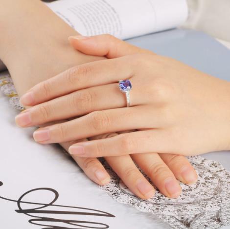 Square Cut Tanzanite Ring with Diamond In Sterling Silver
