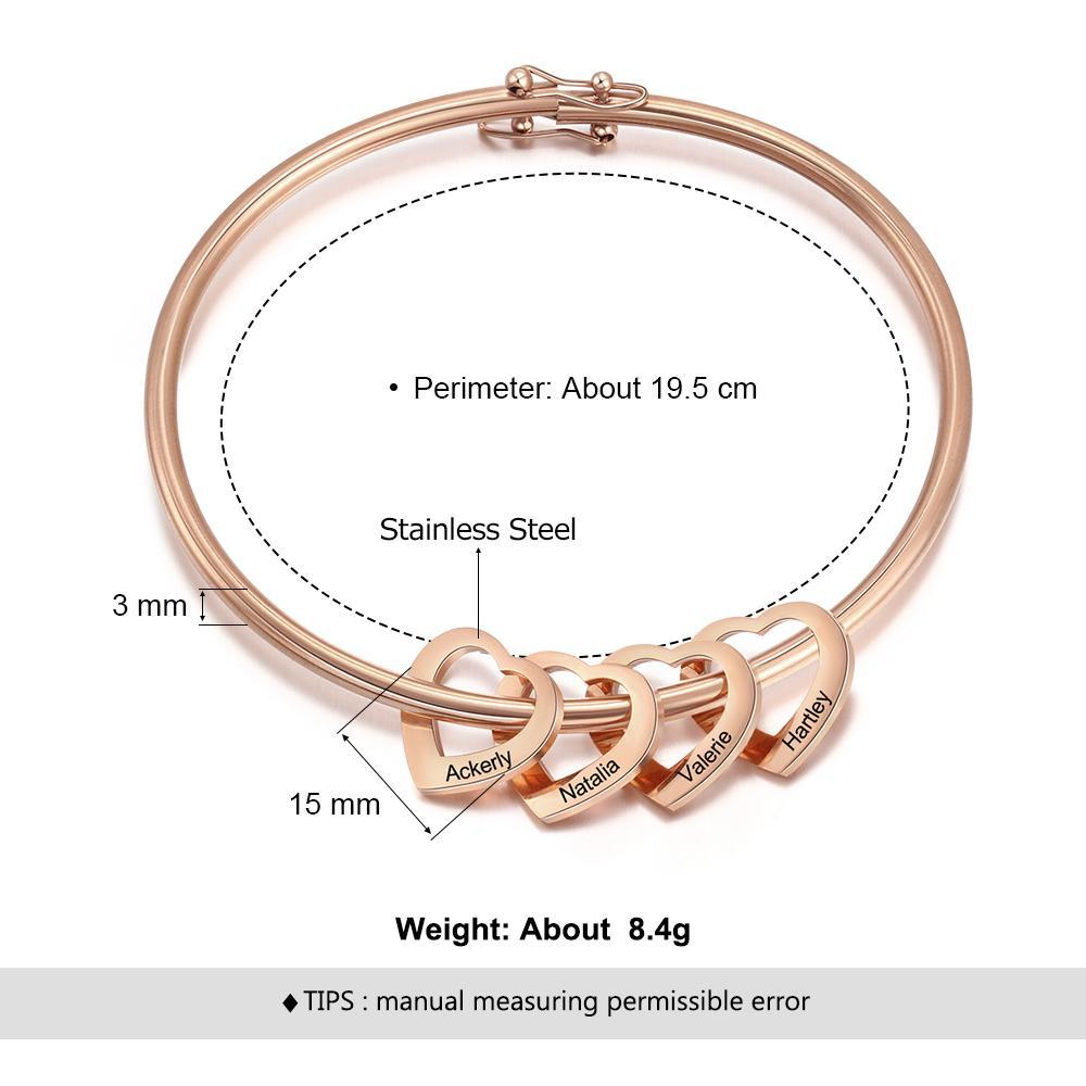 Love Bracelet Bangle Bracelet with 4 Heart Shape Pendant Engraved 4 Names Gift For Mom