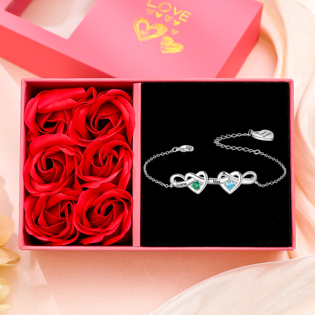2 Names - Personalized Linked Heart Bracelet Custom Names & Birthstones & Text Bracelets Birthday Gift For Her- Mother's Day Gift for Mom/Grandma
