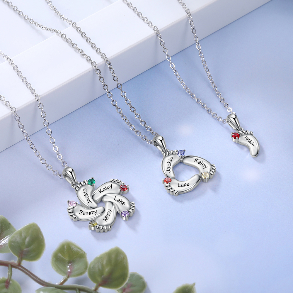 S925 Baby Feet Pendant Necklace with 1-4 Birthstones Engraved Names Gift for Mother