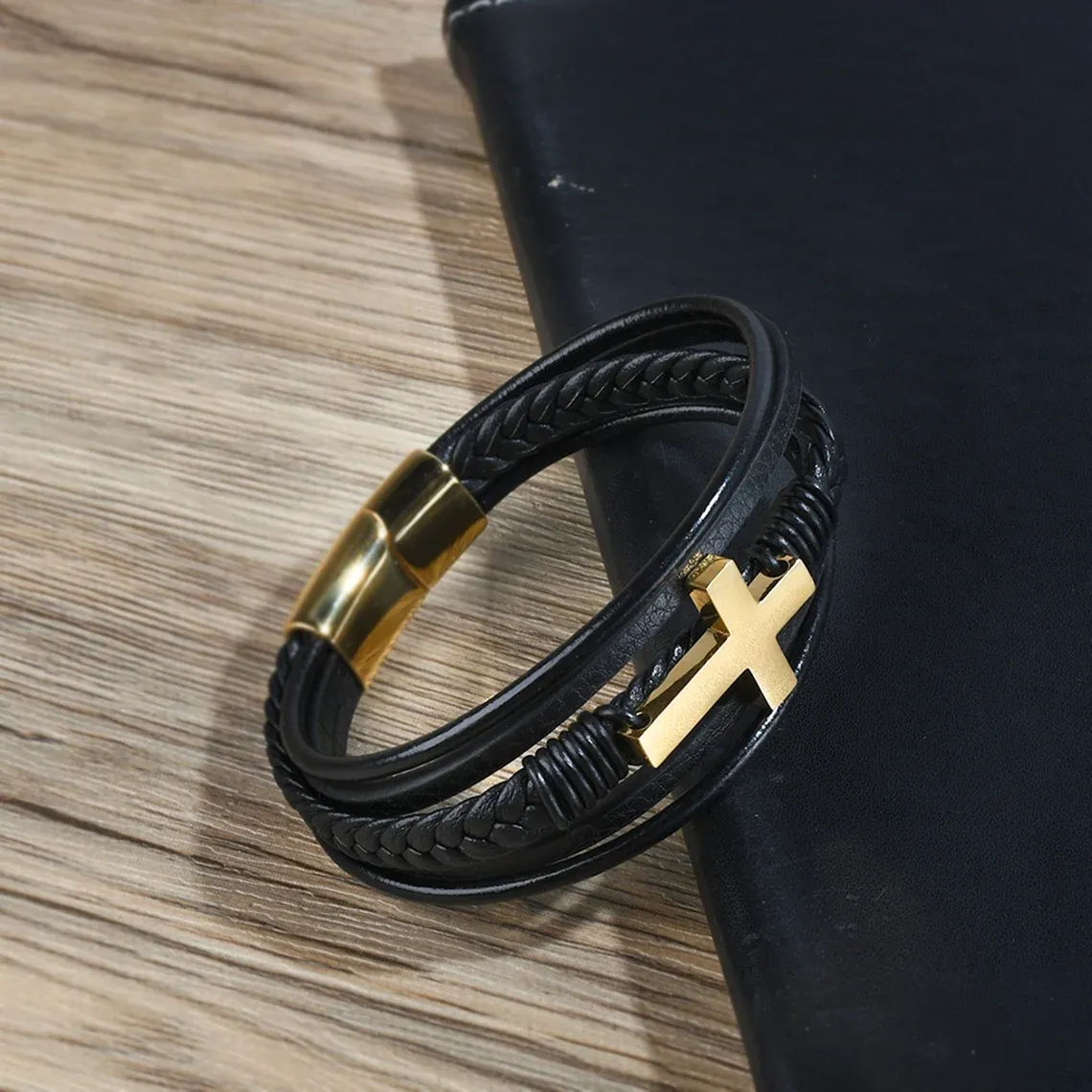 To My Grandson Cross Braided Leather Bracelet "Pray Through It"