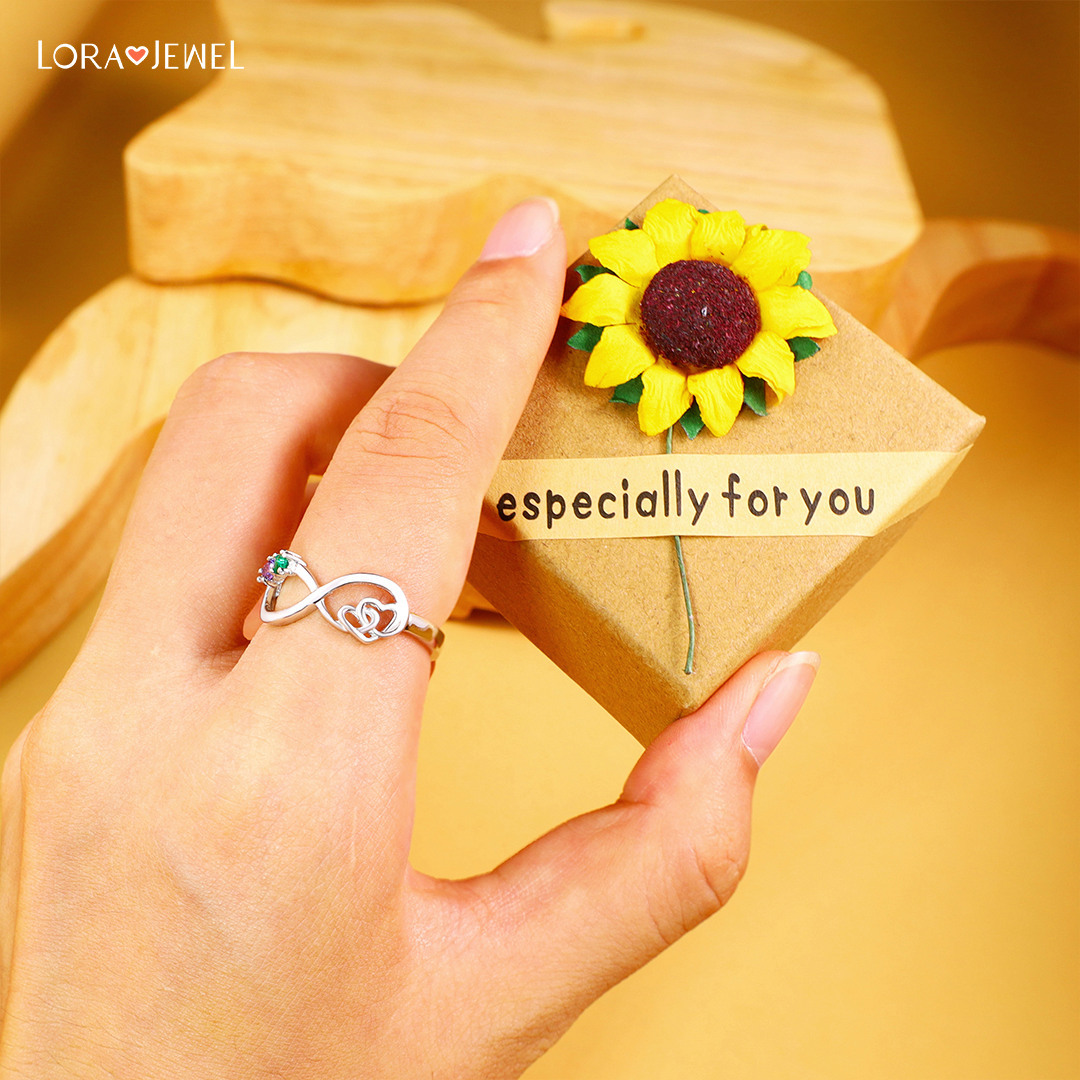 S925 Infinity Ring Double Heart Promise Ring Personalized with 2 Birthstones Engraved Sterling Silver Ring