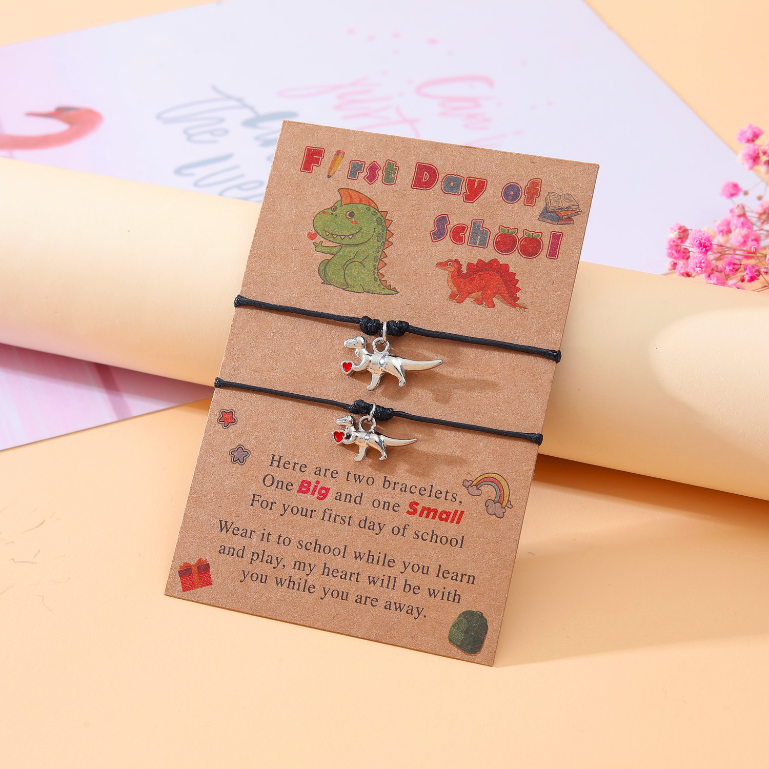 2 Pcs Dinosaur Bracelet Set First Day of School Gift with Cartoon Gift Cards for Mom Kids