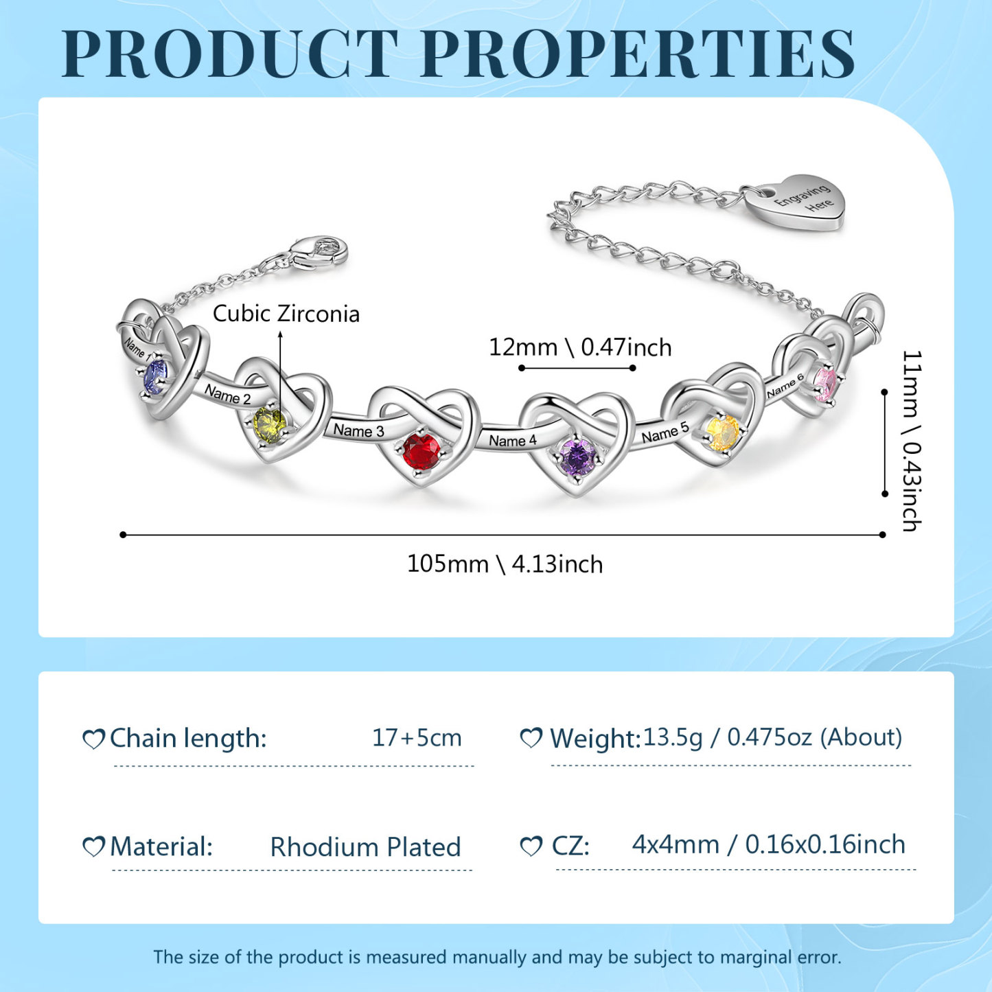 6 Names - Personalized Linked Heart Bracelet Custom 6 Birthstones Engraved Text Bracelets- Mother's Day Gift for Mom/Grandma