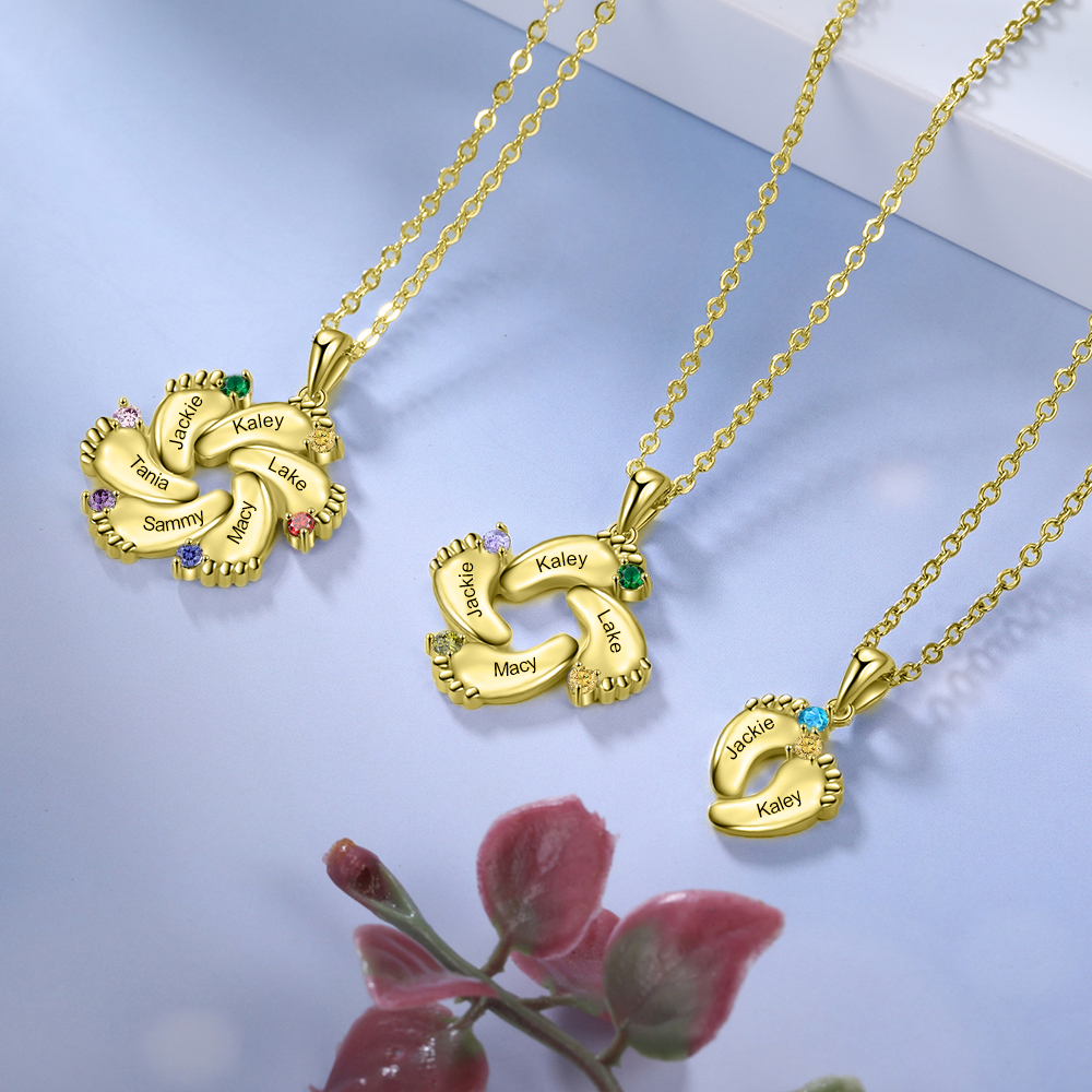 Baby Feet Necklace Custom 5 Birthstone Family Gifts for Mother