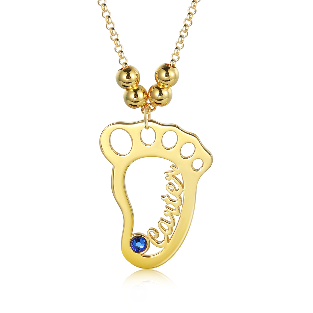 Baby Feet Name Necklace Hollow Feet Engraving 1 Name with Birthstone