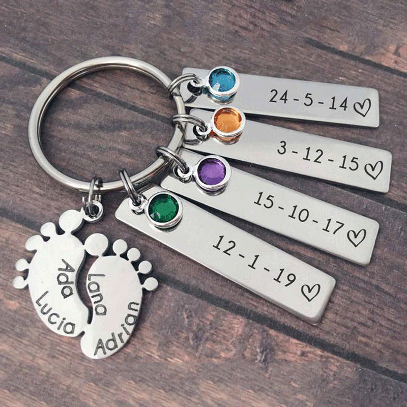 3 Names - Personalized Baby Feet Keychain Customized Birthstones & Names & Texts Keyring Gifts for Mother
