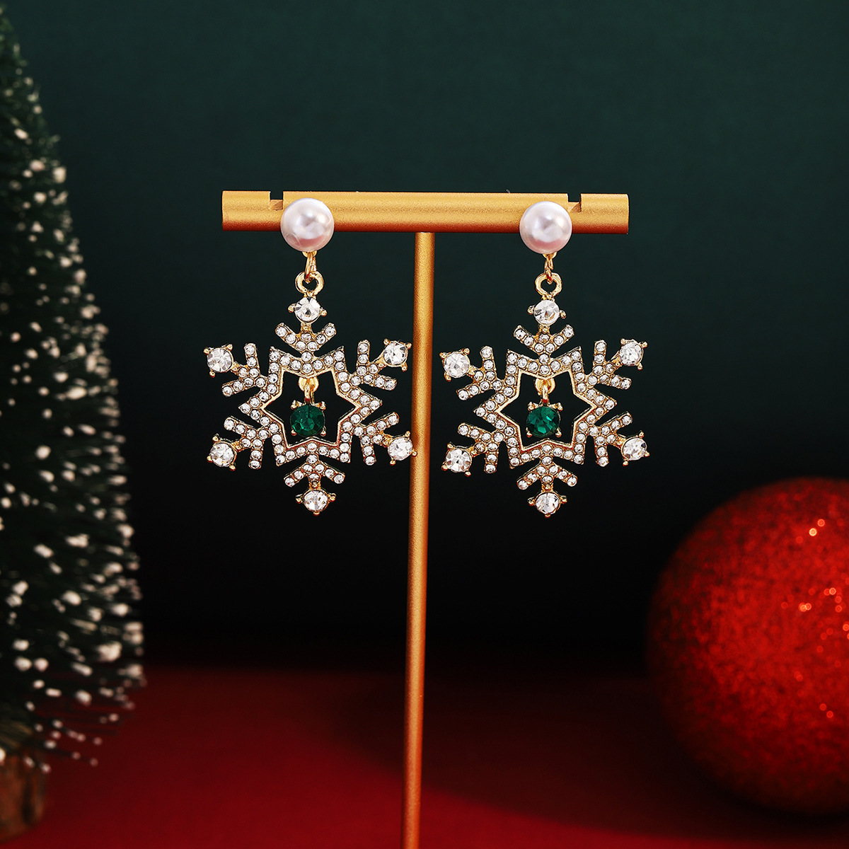 Christmas Snowflake Drop Earrings with Pearl Festive Holiday Gift