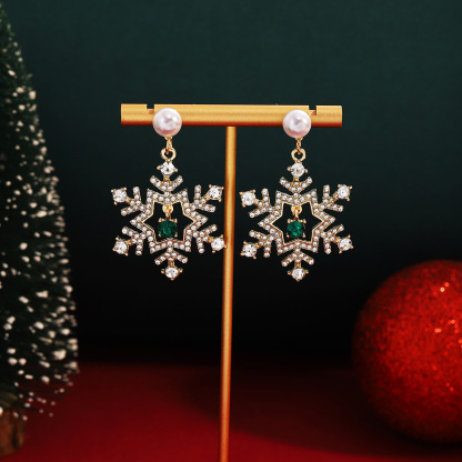 Christmas Snowflake Drop Earrings with Pearl Festive Holiday Gift