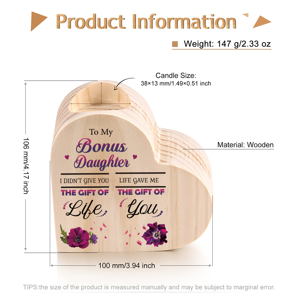 To My Bonus Daughter Violet Flower Heart Candle Holder "Life Gave Me The Gift of You" Wooden Candlestick