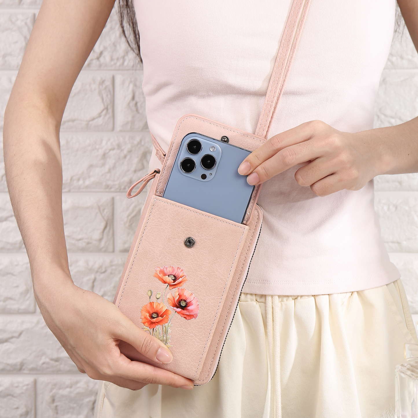 Personalized Women's Leather Wallet Custom Birthday Flower & Name Mobile Phone Wallet Zipper Crossbody Bag