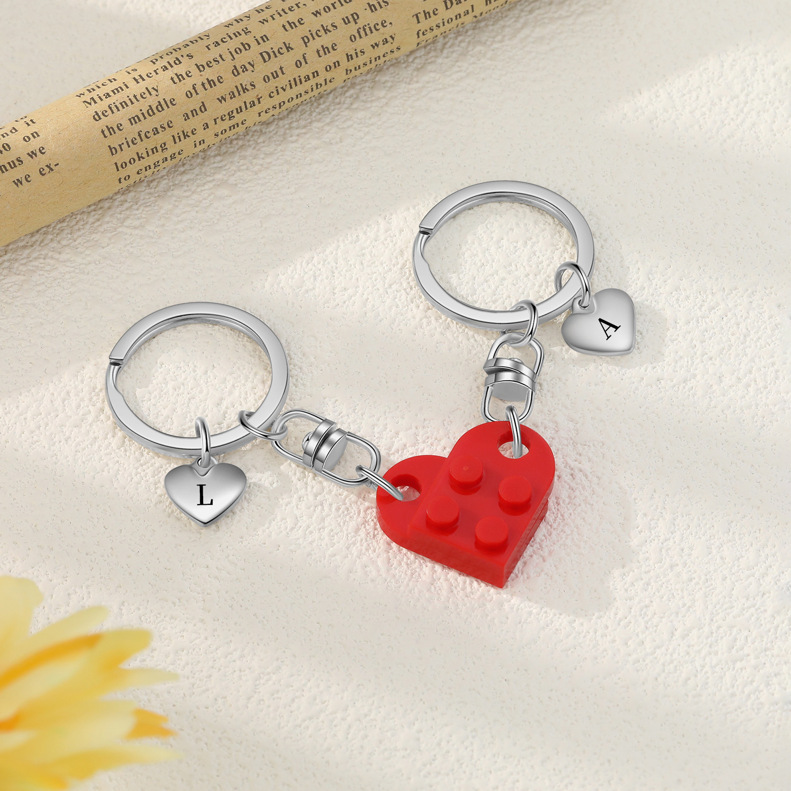 Brick Heart Keyring Set Custom 2 Letters Matching Couple Keychain Valentine's Day Gifts For Couples/Friends