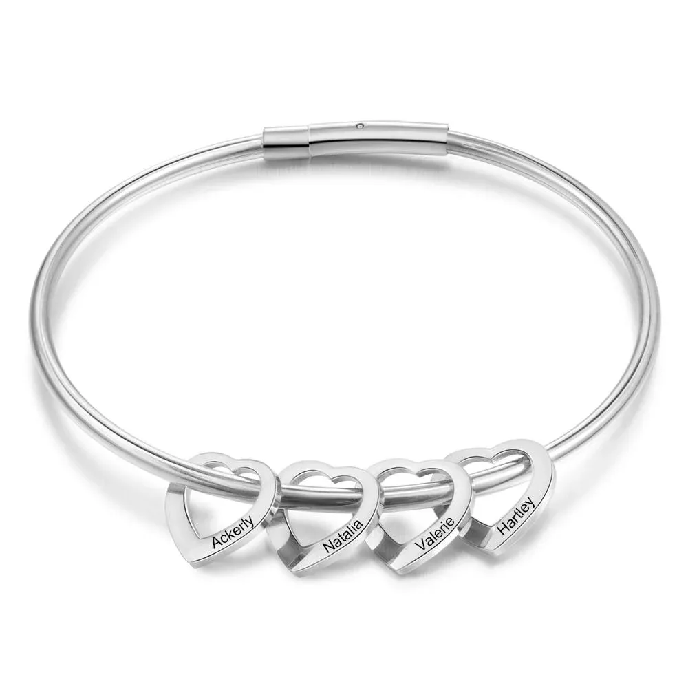 Love Bracelet Bangle Bracelet with 4 Heart Shape Pendant Engraved 4 Names Gift For Mom