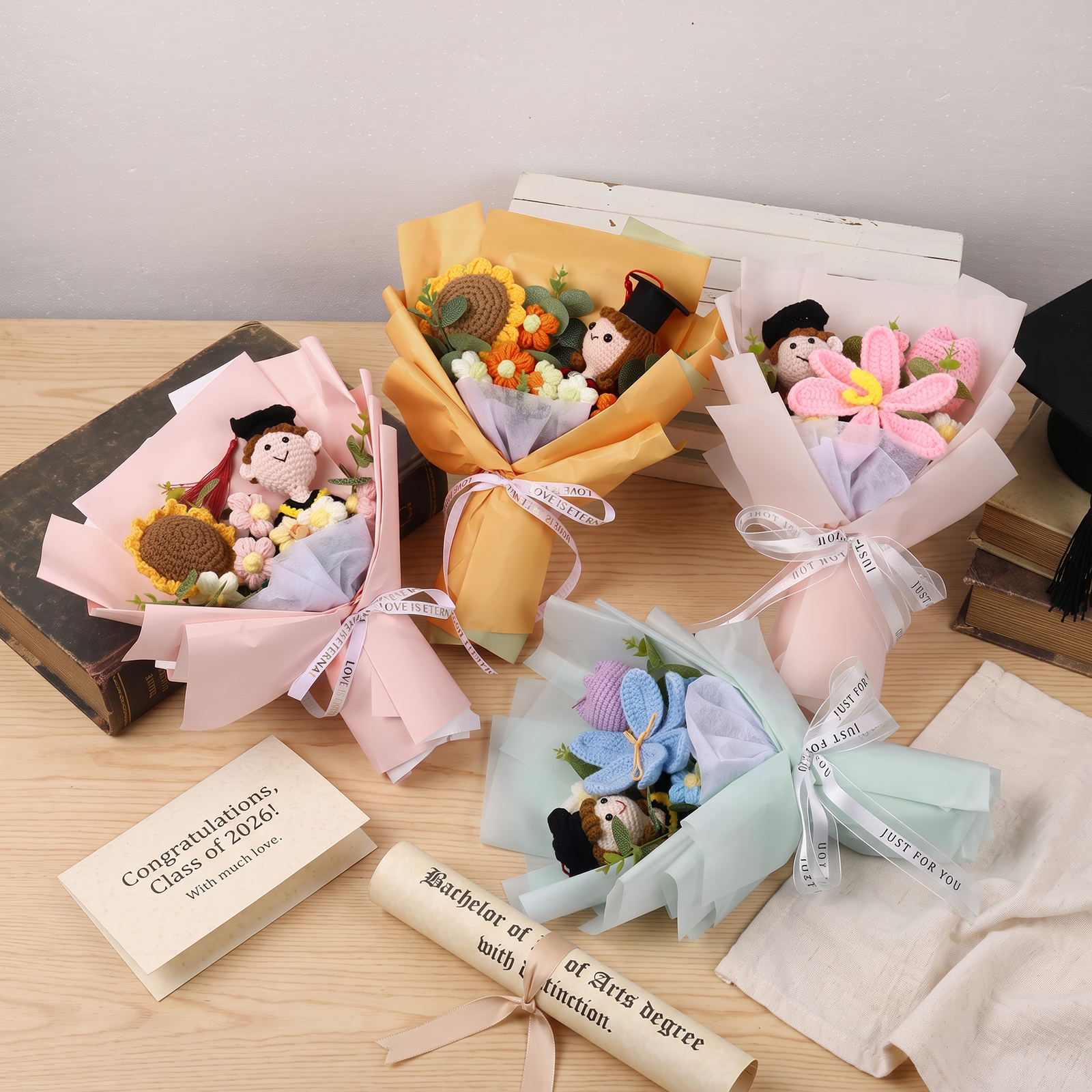 Personalized Hand-Crocheted Graduation Flower Bouquet Gift Box