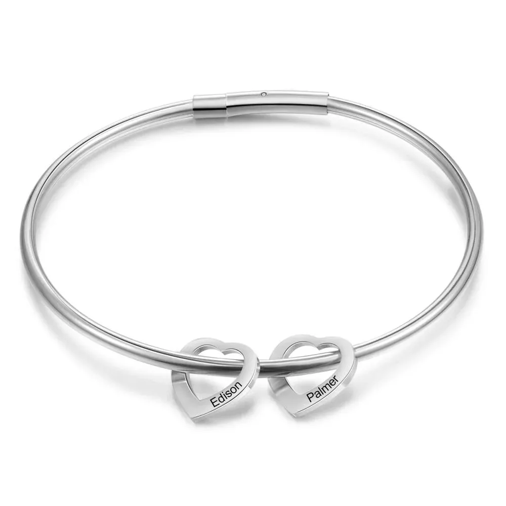 Love Bracelet with 2 Heart Pendant Engraved Bangle Bracelet Gift for Mother