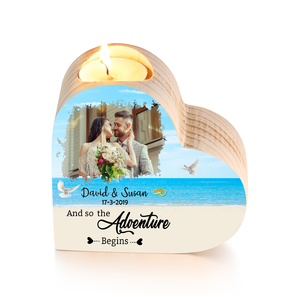 Personalized Love Couple Heart Candle Holder Engrave Photo Wooden Candlesticks Valentines Gift