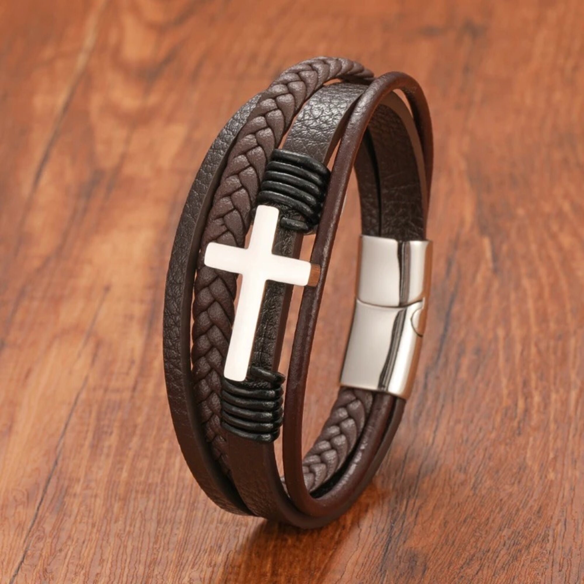 Men Braided Leather Cross Bracelets with Magnetic Clasp Gifts for Him