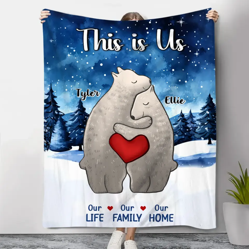 Personalized Polar Bear Family Flannel Blanket Custom 2 Names Gift For Lover